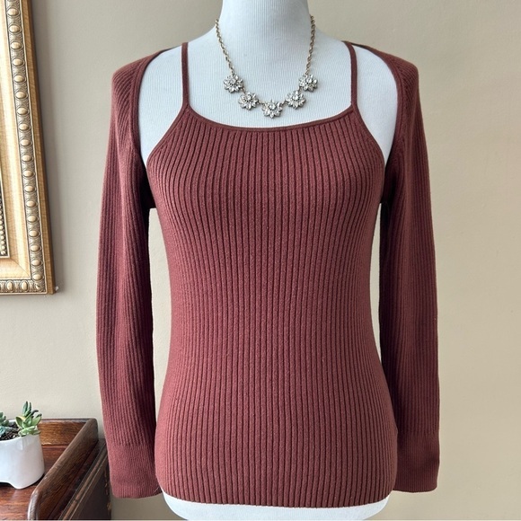 by Anthropologie Brown Ribbed Double Cut Out Knit Sweater Cinnamon Size M - Picture 4 of 15